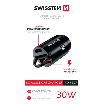 Zástrčka SWISSTEN s USB-C Power Delivery a USB-A Super Charge 3.0 30W, černý, 47681