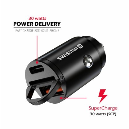 Zástrčka SWISSTEN s USB-C Power Delivery a USB-A Super Charge 3.0 30W, černý, 47681