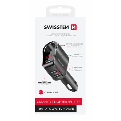 Zástrčka SWISSTEN s výstupem 1x CL, 1x USB-C PD a 2x USB-A 108W - 216W, 48043