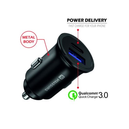 Zástrčka SWISSTEN USB-C Power Delivery + USB Quick Charge 3.0 36W, Metal černý, 47415