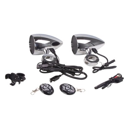 Zvukový systém na motocykl, skútr, ATV s USB, BT, 2 x dálkové ovládání, barva chrom