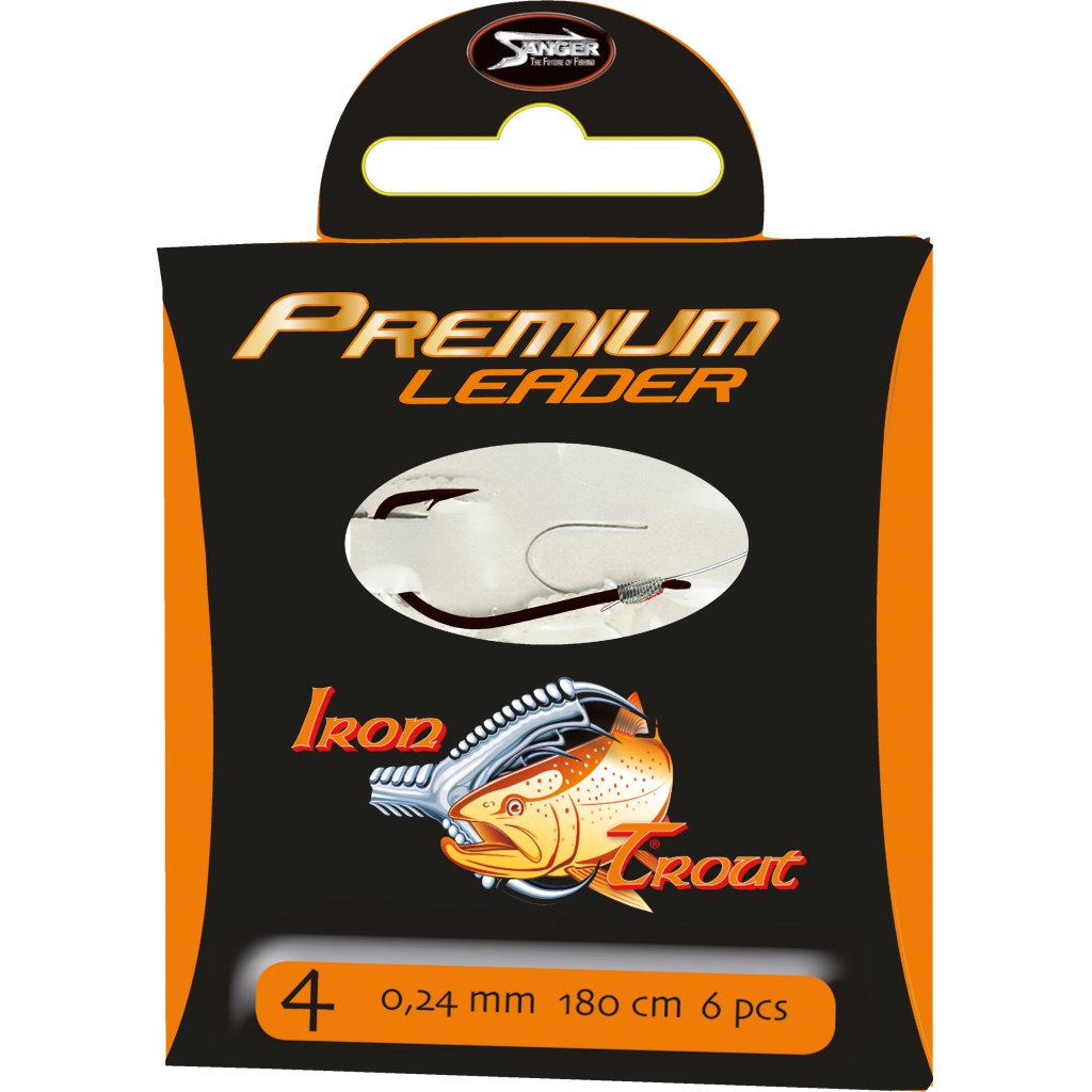 IRON TROUT návazec premium leader, 220 cm, vlasec 0,20 mm, háček č. 8, 10 ks/bal
