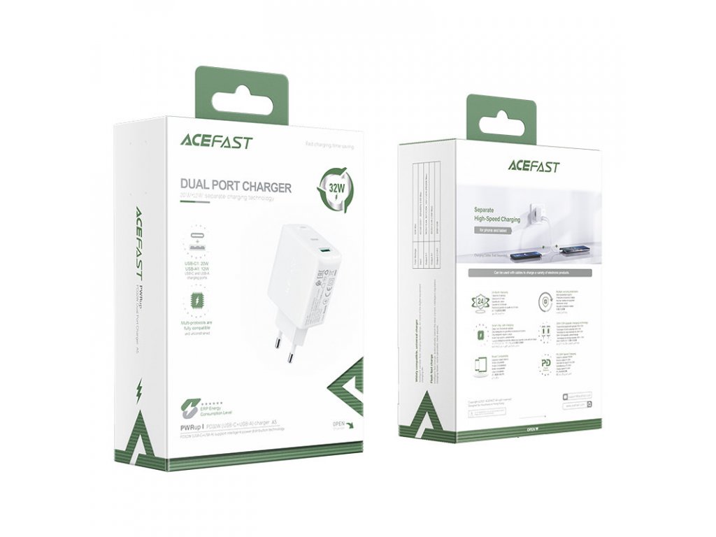 Acefast adapter USB Type-C / USB 32W, PPS, PD, QC 3.0, AFC, FCP fehér (A5 fehér)