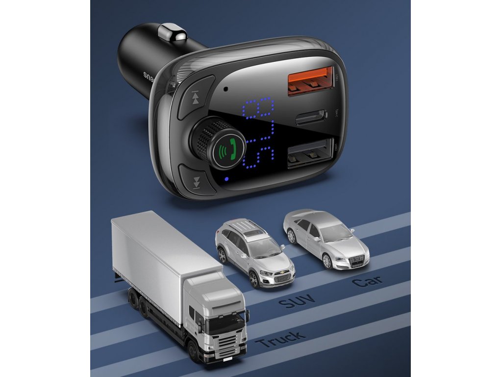 Baseus transmiter FM Bluetooth 5.0 ładowarka samochodowa PPS Quick Charge QC4.0 zasilanie USB Type-C / micro SD 5A 36W czarny (CCTM-B01)