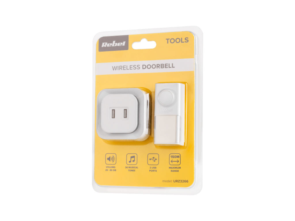 URZ3266 Bezdrátový zvonek Rebel se zástrčkou 230V – 36 melodií, 2 zásuvky USB