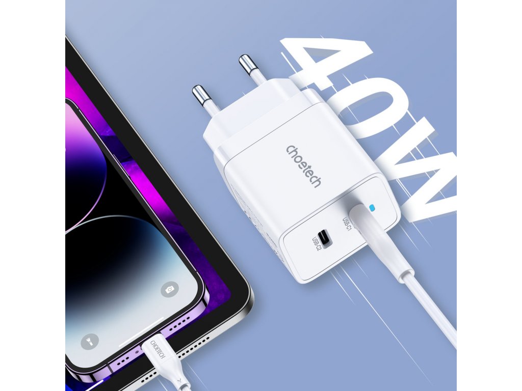 Choetech 2xUSB-C PD 40W-os töltő fehér (Q5006-EU)