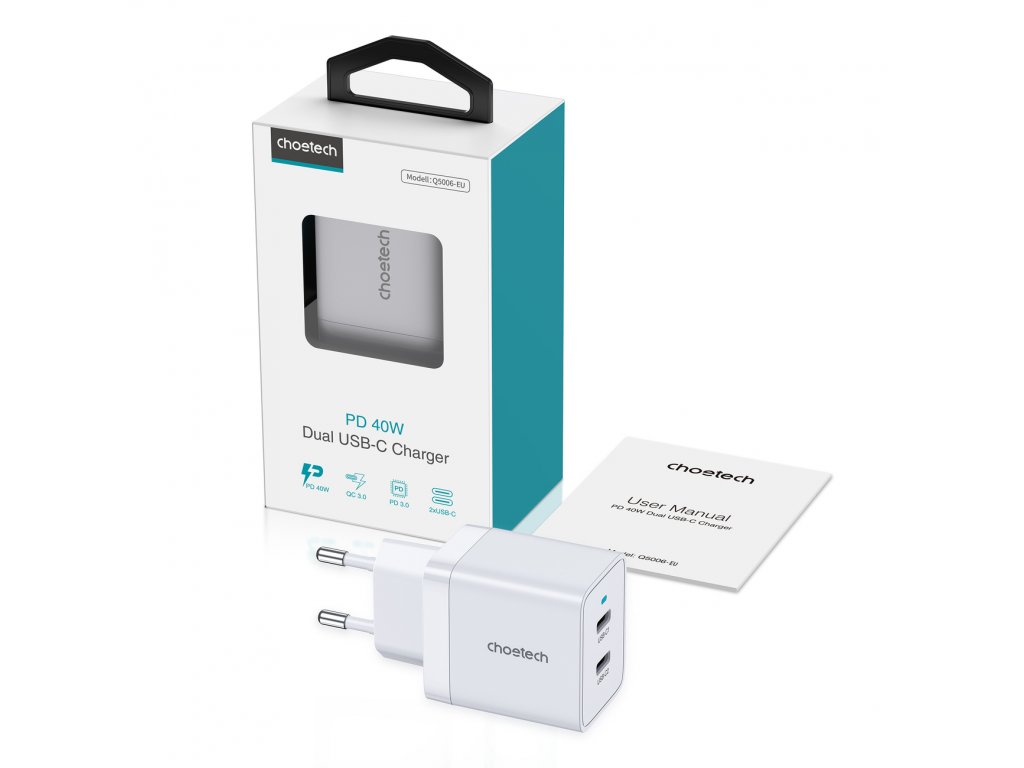 Choetech 2xUSB-C PD 40W-os töltő fehér (Q5006-EU)