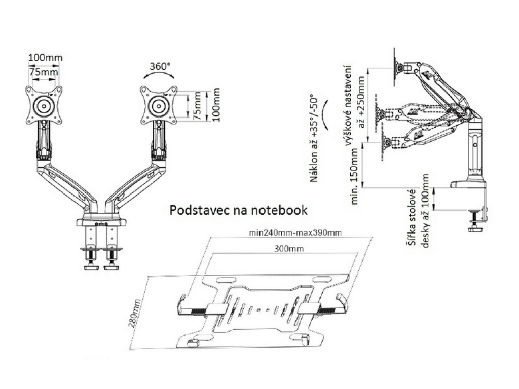 F160 Držák notebooku a monitoru 17"–27" nosnost 18 kg