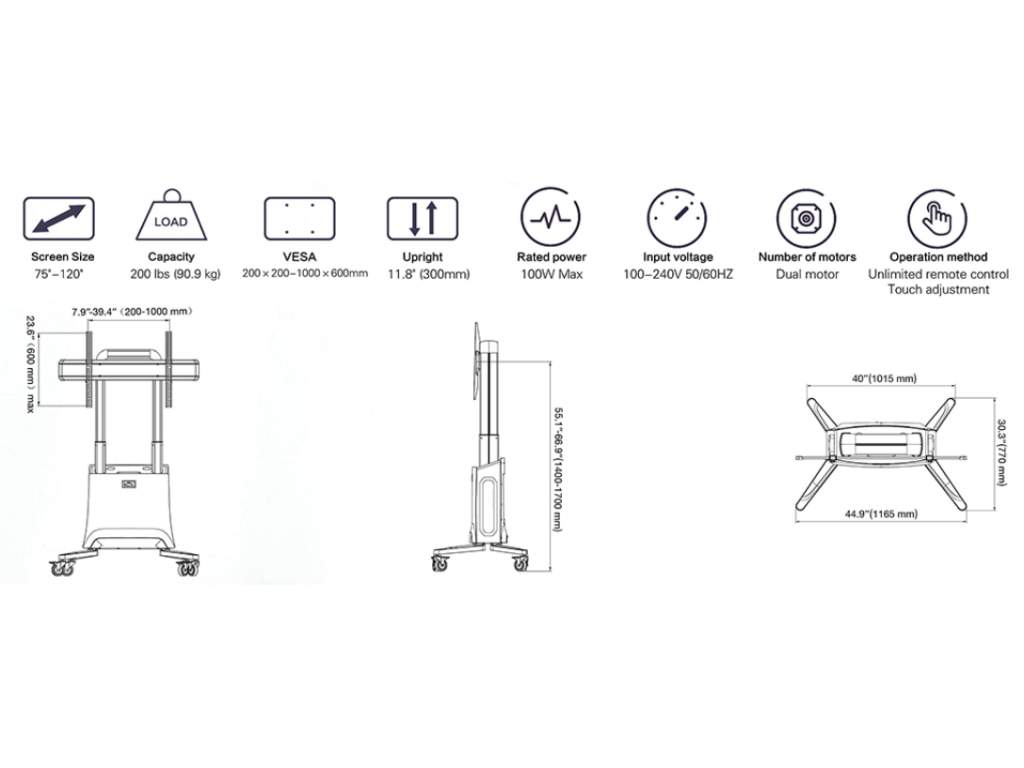 NB G100 Motorizovaný TV stojan 75–120'' nosnost 90,9 kg bílý