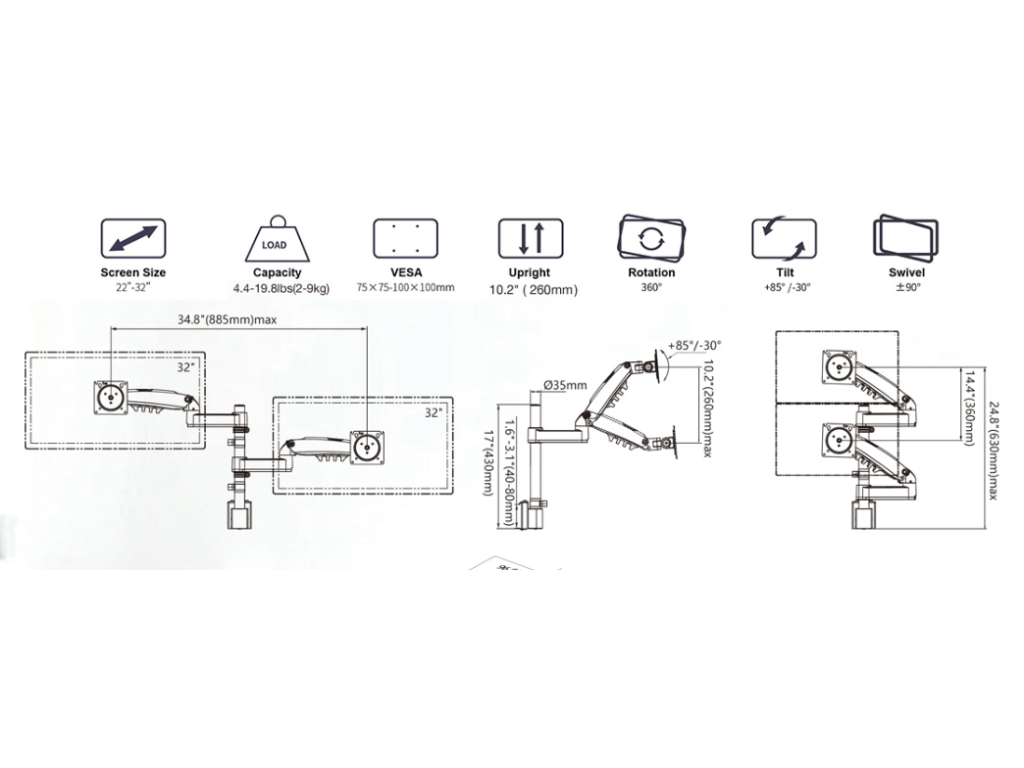 NB M80 Nastavitelný duální držák monitoru 22–32'' nosnost 9 kg (x2)