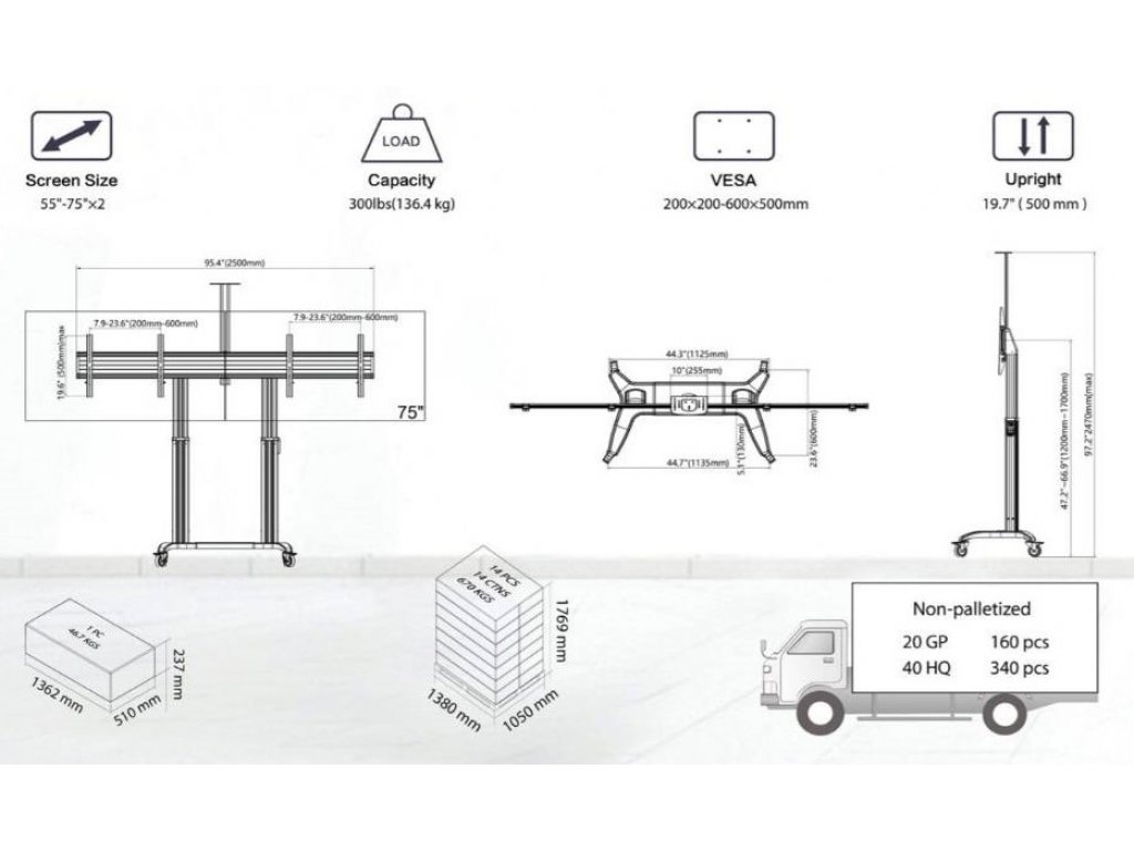 NB T75-2A 2 Suport TV cu roți 55-75" (x2) capacitate de încărcare 136,4 kg