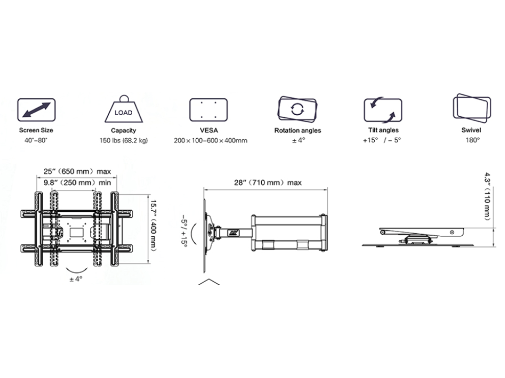 NBSP2 Ergonomický interaktivní držák TV 40–80'' nosnost 68,2 kg