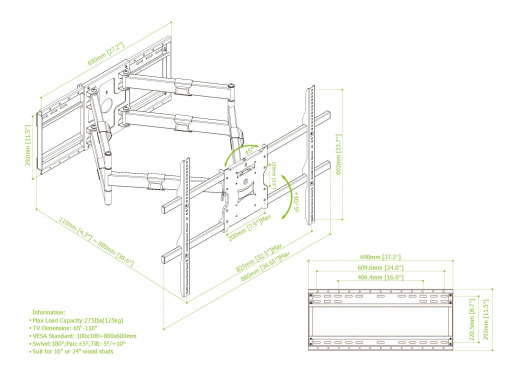 STRICT BRAND SB501XL-24 suport de perete pentru televizor cu braț lung și braț pivotant, cu panou de perete de 24 inch, capacitate de 125 kg