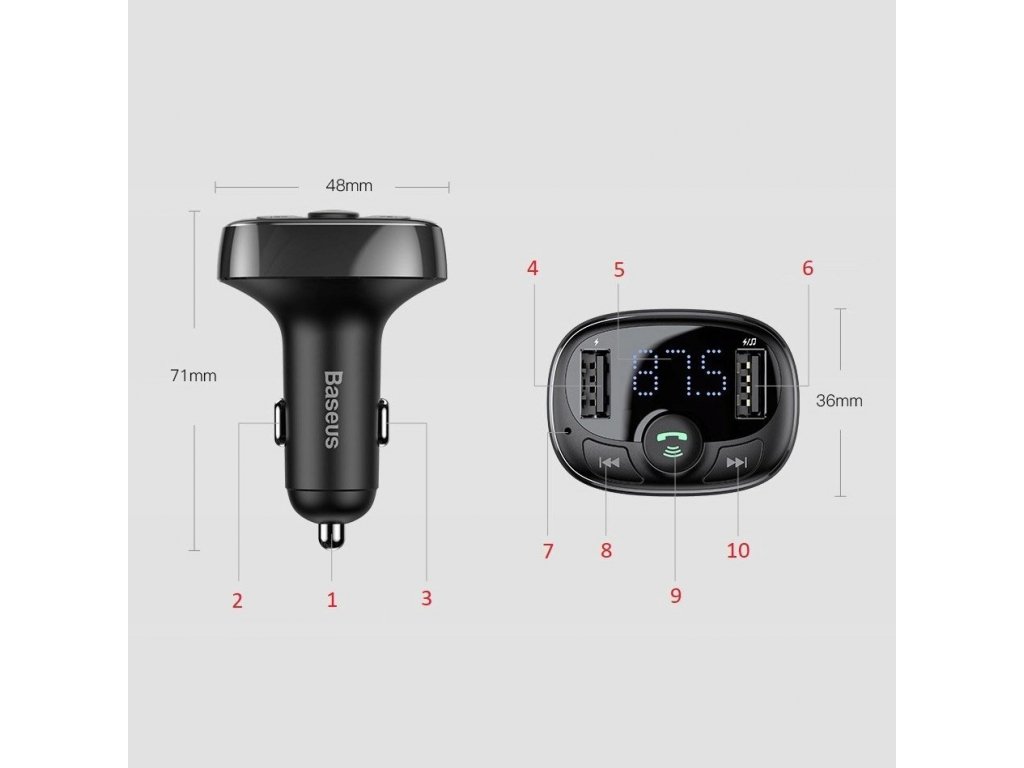 T-Typed Transmiter FM Bluetooth avto polnilec MP3 2x USB TF microSD 3,4A črn (CCTM-01)