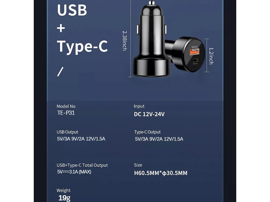 Techsuit - Prémium autós töltő (CAPD028) - USB-A, QC 3.0, USB-C, 38W - Fekete