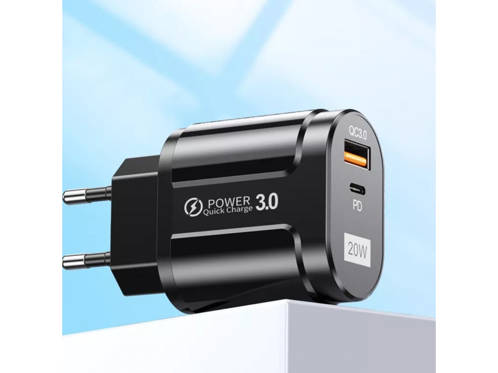 Techsuit – nástěnná nabíječka Premium (CHPD038) – USB-A, QC 3.0, USB-C, 20W – černá
