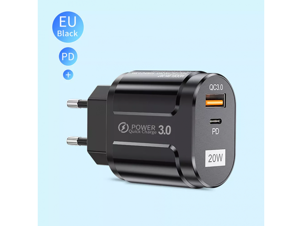 Techsuit - Încărcător de perete Premium (CHPD038) - USB-A, QC 3.0, USB-C, 20W - Negru