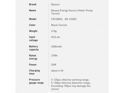 Baseus mini autó kompresszor pumpa 2500mAh 54W akkumulátorral fekete (CRNL040001)