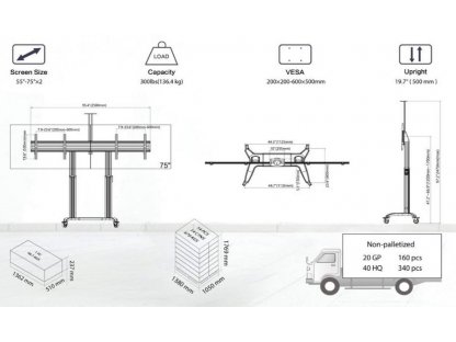 NB T75-2A stojan na 2 TV s kolečky 55–75" (x2) nosnost 136,4 kg