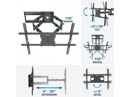 STRICT BRAND SB501XL-24 suport de perete pentru televizor cu braț lung și braț pivotant, cu panou de perete de 24 inch, capacitate de 125 kg