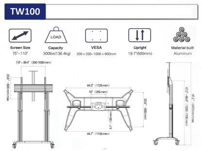 TW100 Profesjonalny zmotoryzowany stojak pod telewizor, udźwig 136,4 kg