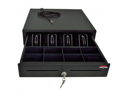 Pokladní zásuvka VIRTUOS S-410, černá, s pevným kabelem, kovové držáky bankovek