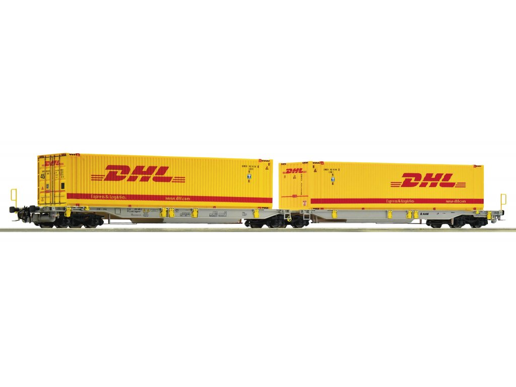 H0 - Kontejnerový kloubový vůz typu Sdggmrs/T2000 naloženo dvěma kontejnery DHL - Roco 76421