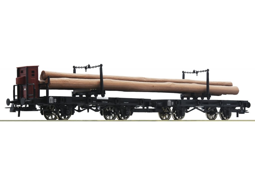 H0 - Plošinový vůz s nákladem dřeva / K.P.E.V. - Roco 76405