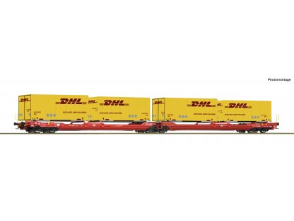 H0 - Kontejnerový kloubový vůz typu Sdggmrs/T3000e naloženo dvěma kontejnery DHL - Roco 6600057