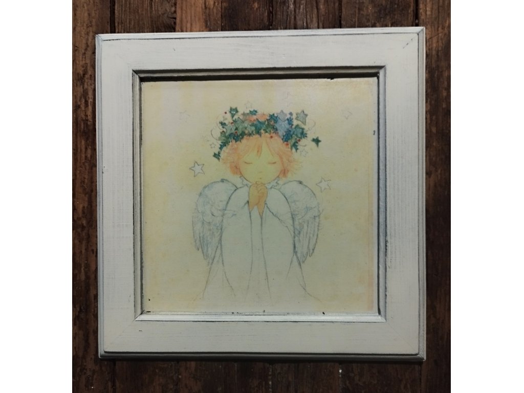1- ANDĚL - obrázek v dřevěném rámu -  28,8 x 28, 5 cm
