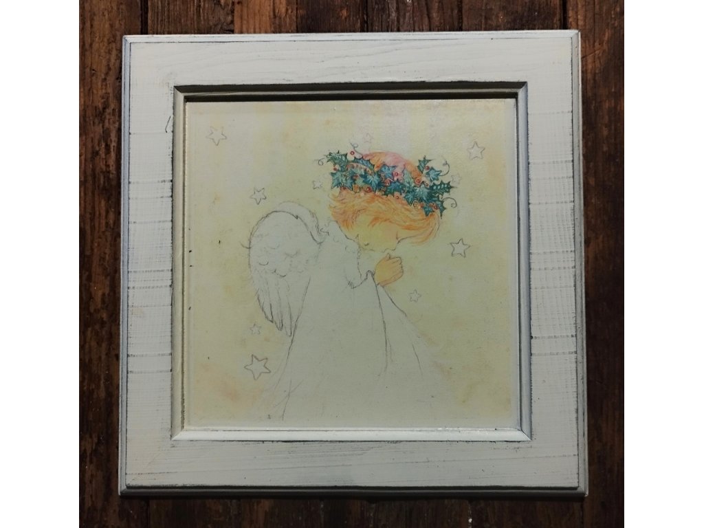 9 - ANDĚL - obrázek v dřevěném rámu -  28,8 x 28, 5 cm
