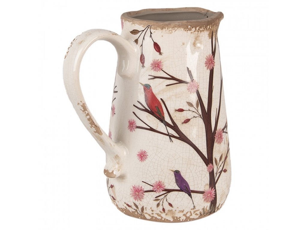 Béžový keramický džbán s květy a ptáčky - 16 x 12 x 18 cm