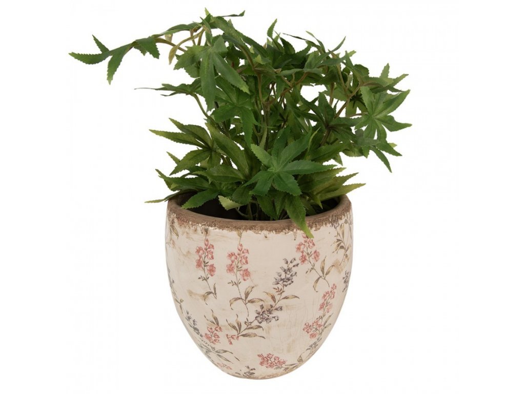 Beige ceramic pot cover with meadow flowers - Ø 14 x 14 cm