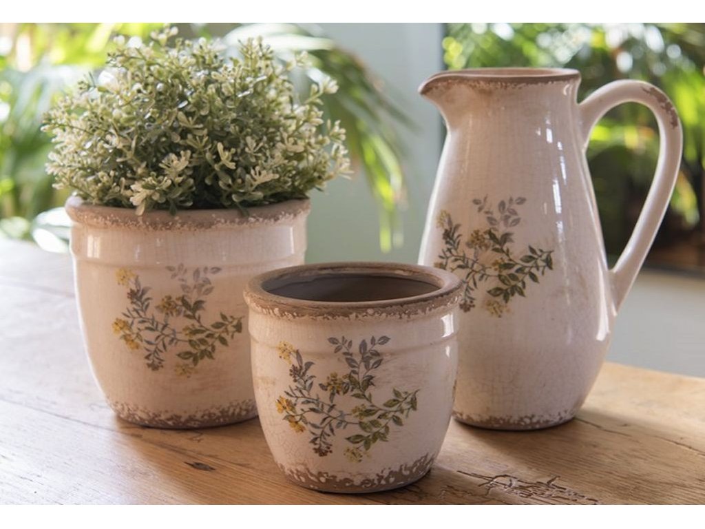 Beige ceramic pot cover with yellow flowers - Ø 18*17 cm