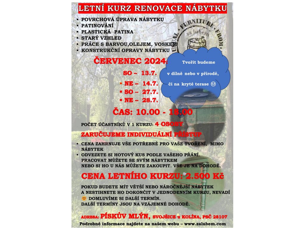 ČERVENEC - LETNÍ KURZ RENOVACE NÁBYTKU -  NA MLÝNĚ - 12.7.2024 - PÁTEK