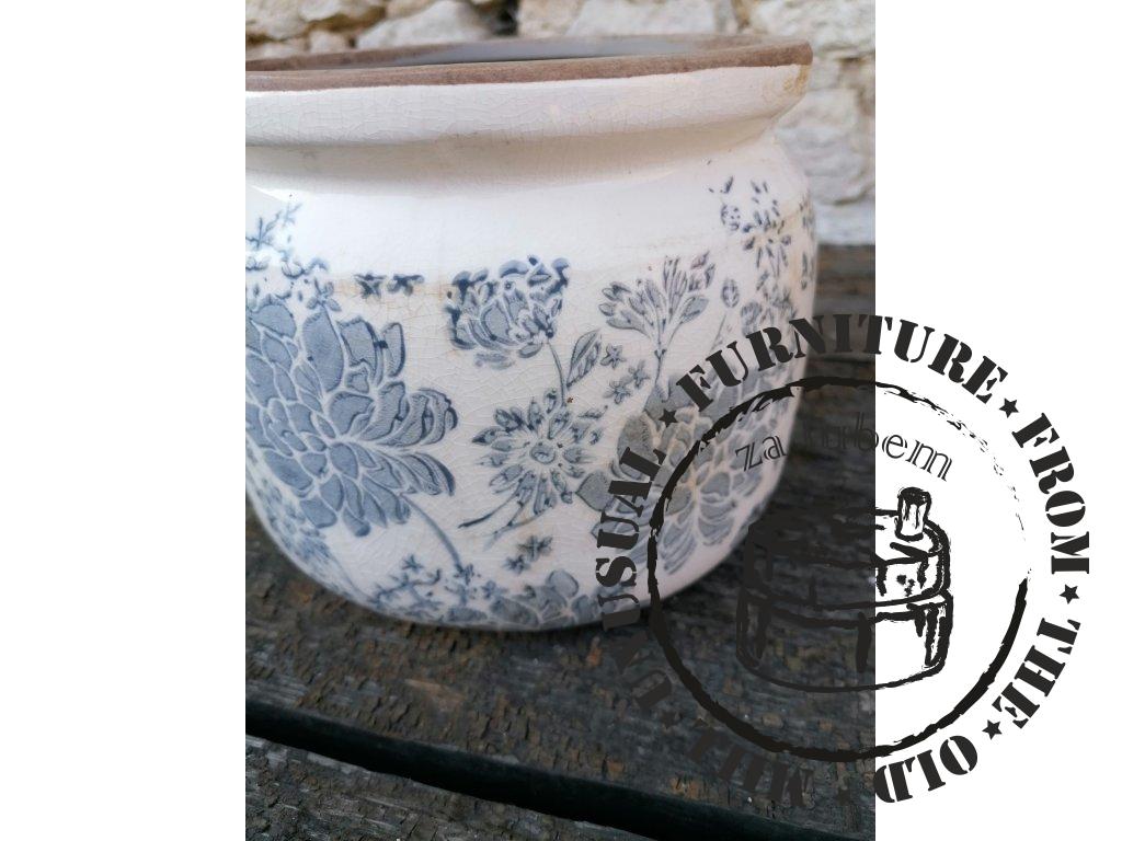 Ceramic pot with grey flowers - Ø 20*15 cm