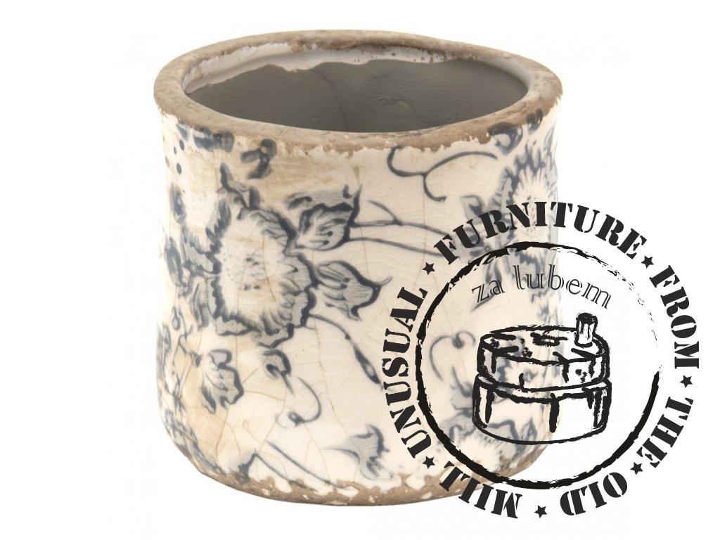 Ceramic pot cover with grey flowers - Ø 8*7 cm
