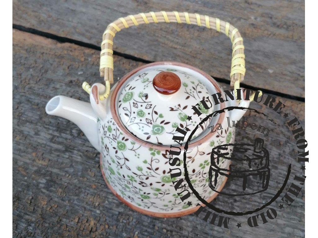 Teapot with strainer green flowers - Ø 14*14 cm / 0,7L