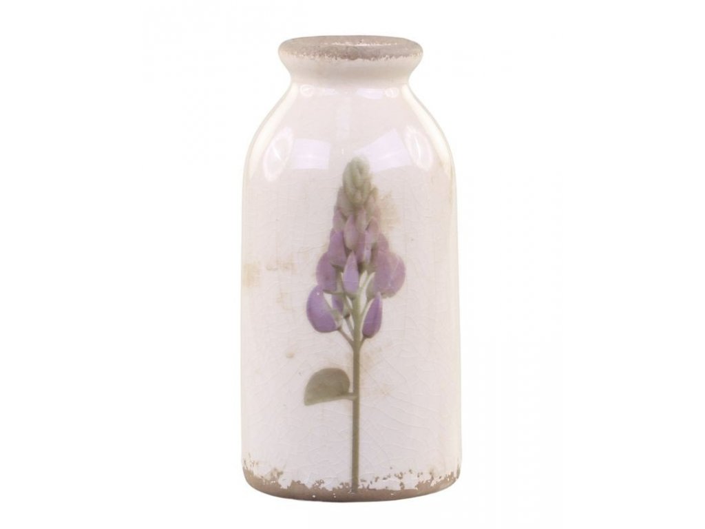 Krémová keramická dekorační váza s květem lupiny  - Ø 7 x 15cm
