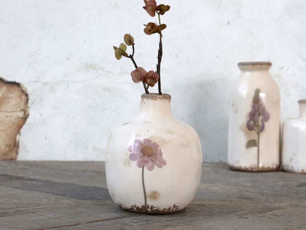 Krémová keramická dekorační váza s kvítkem - Ø 10 x 12cm