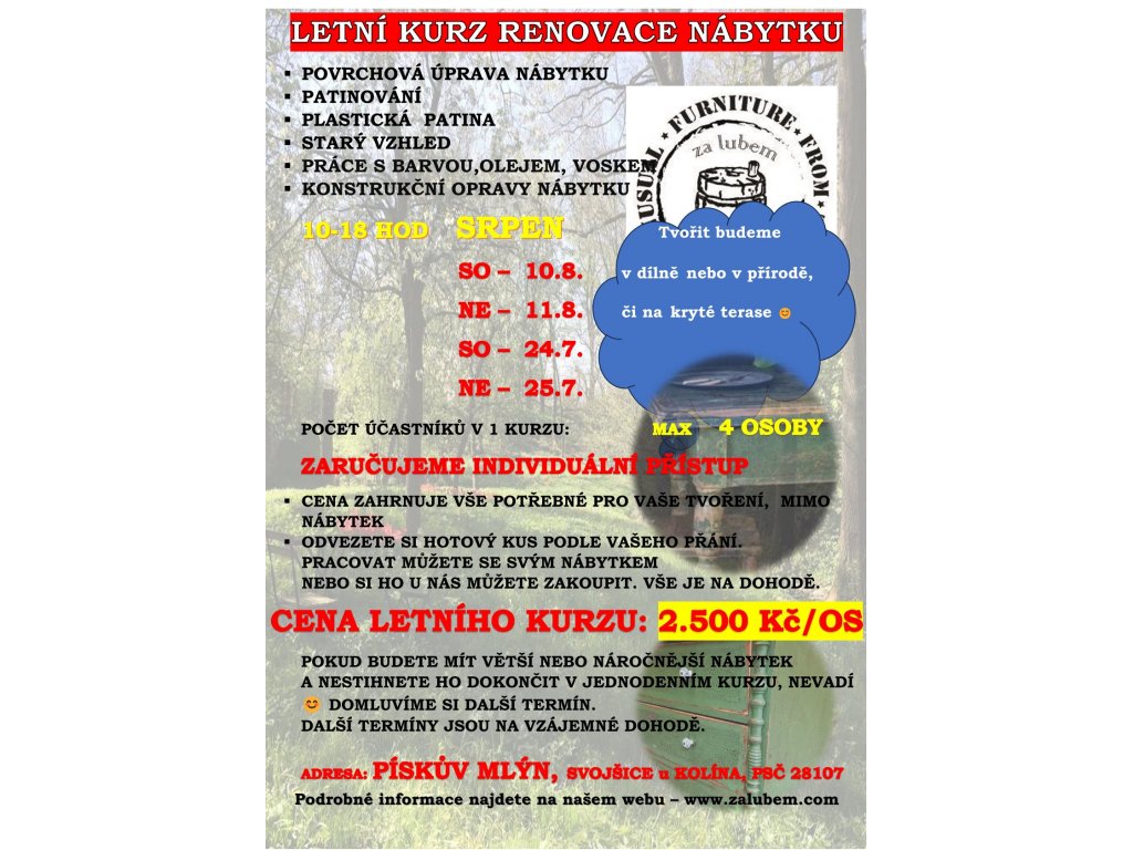 11.8. 2024 - NEDĚLE - LETNÍ KURZ RENOVACE povrchové úpravy NÁBYTKU 