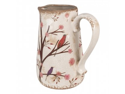 Beige ceramic jug with flowers and birds - 21x15x23 cm
