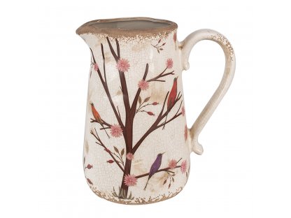 Beige ceramic jug with flowers and birds - 21x15x23 cm