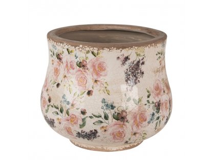 Béžový keramický obal na květináč s růžemi - Ø18*15 cm