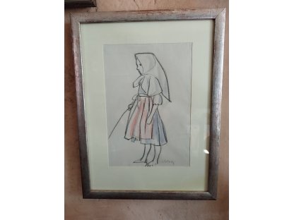 Karel Svolinský - Old original drawing - barefoot girl in scarf