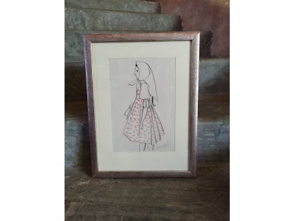 Karel Svolinský - old original drawing - girl in polka dot dress