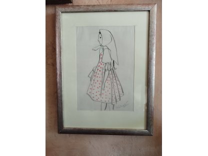 Karel Svolinský - stará originál kresba -  dívka v puntíkatých šatech