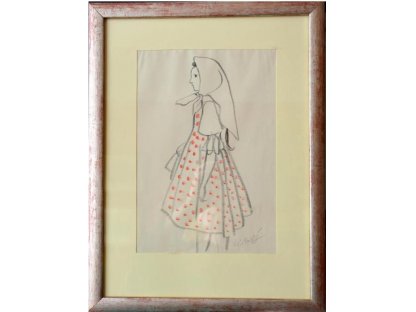 Karel Svolinský - stará originál kresba -  dívka v puntíkatých šatech