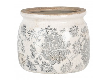 Ceramic pot with grey flowers - Ø 15X13 cm