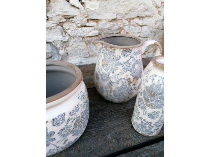 Ceramic pot with grey flowers - Ø 20*15 cm